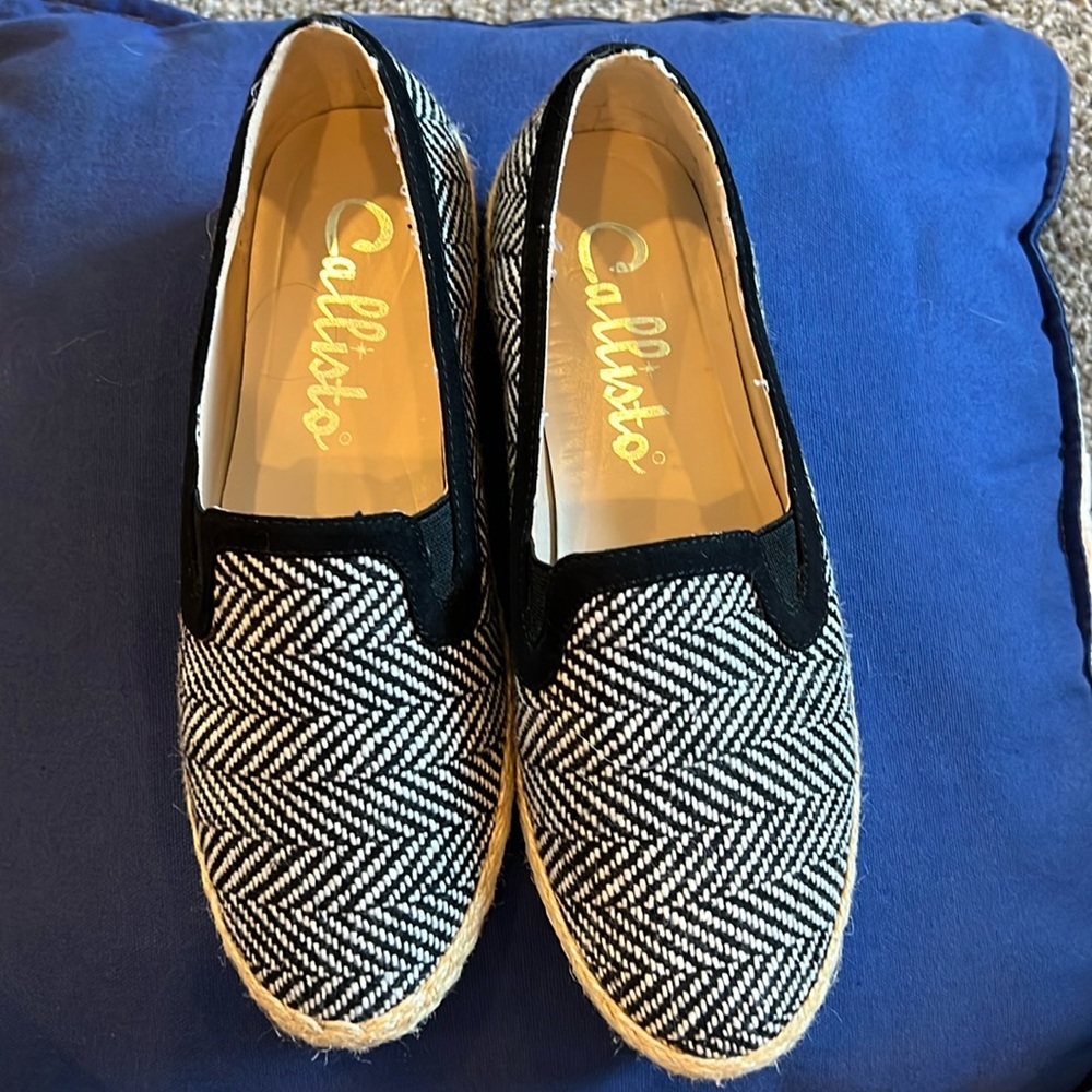 Callisto Espadrille Slip-On Black & White Herringbone Sneaker Shoe size 7